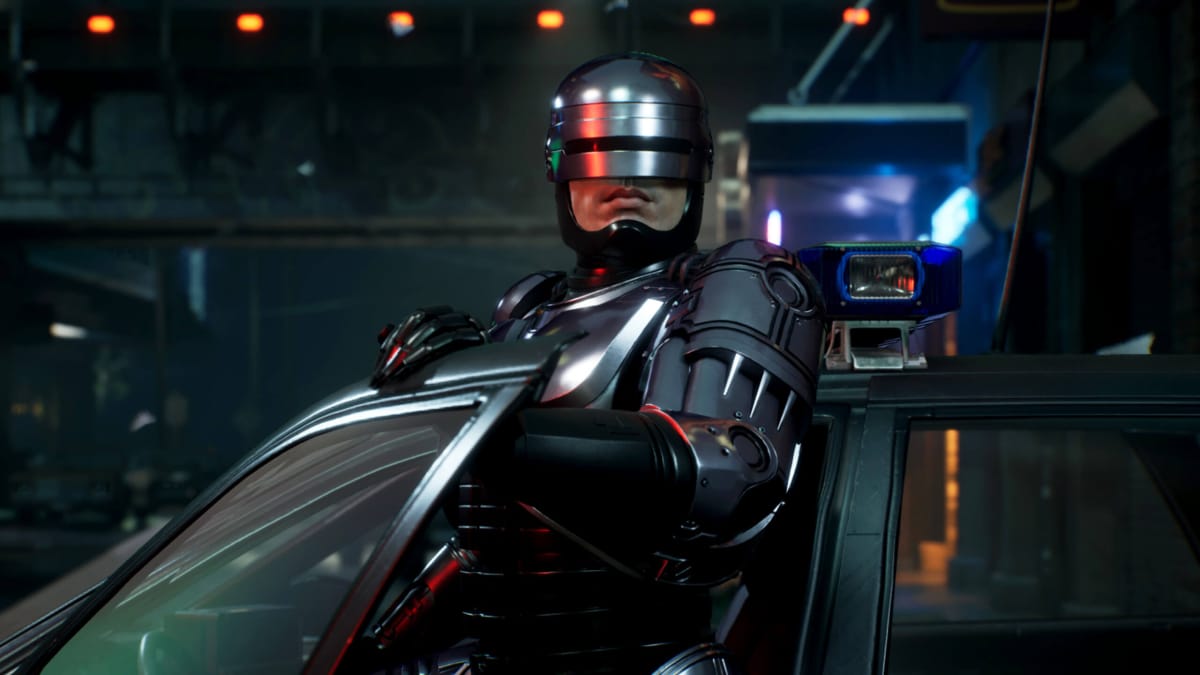 RoboCop holding the door of a car open and looking at the camera in RoboCop: Rogue City