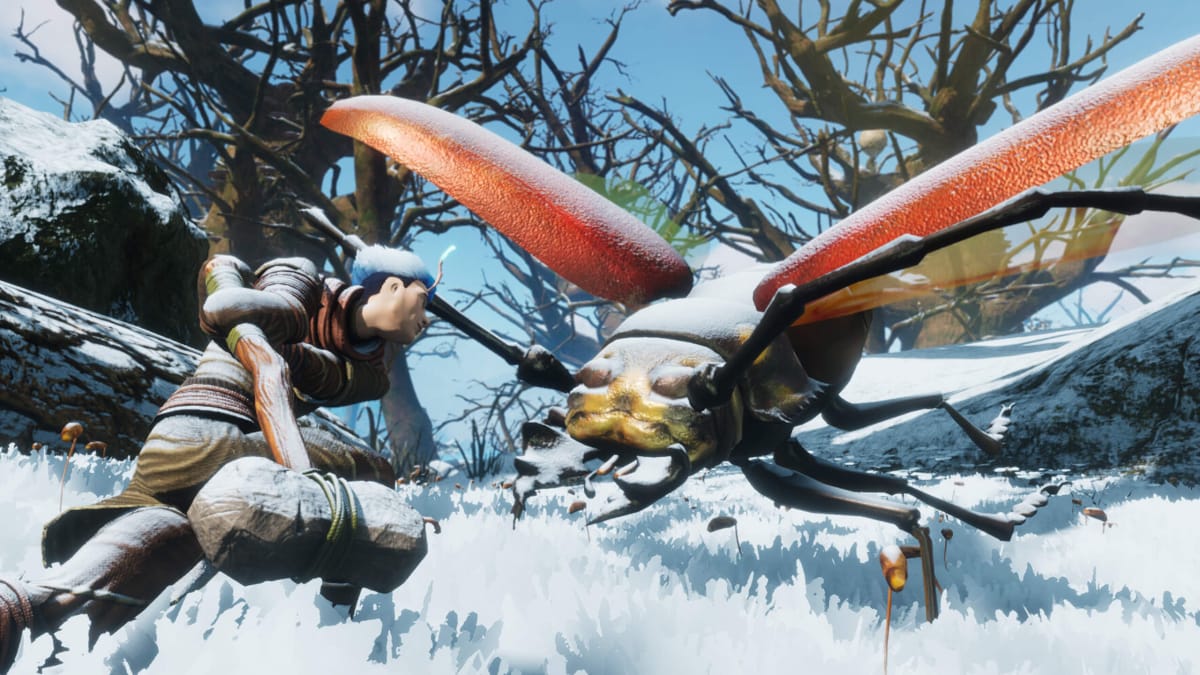 A character swinging an improvised melee weapon at a bug in the snow in Smalland: Survive the Wilds