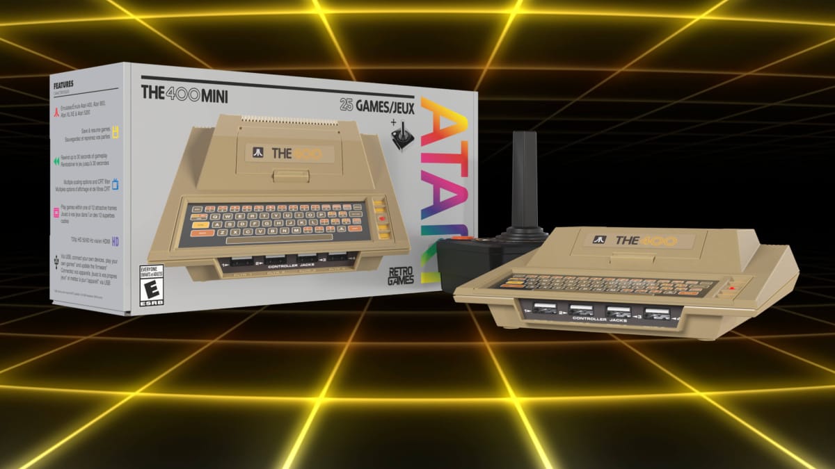 A shot of The 400 Mini and its box alongside the classic Atari CX40 joystick recreation