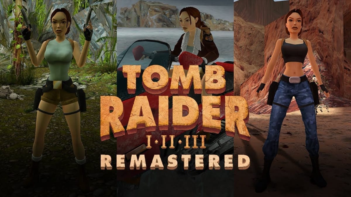Tomb Raider 1 - 3 Remastered Key art featuring a collage of different images of the same female character with brown hair carrying weapons in exotic locations