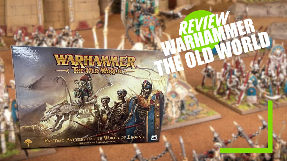 An image depicting Warhammer: The Old World game box set against a backdrop of models from the box.