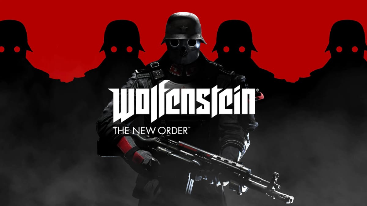 Sinister Nazi soldiers gathered against a red backdrop in the key art for Wolfenstein: The New Order