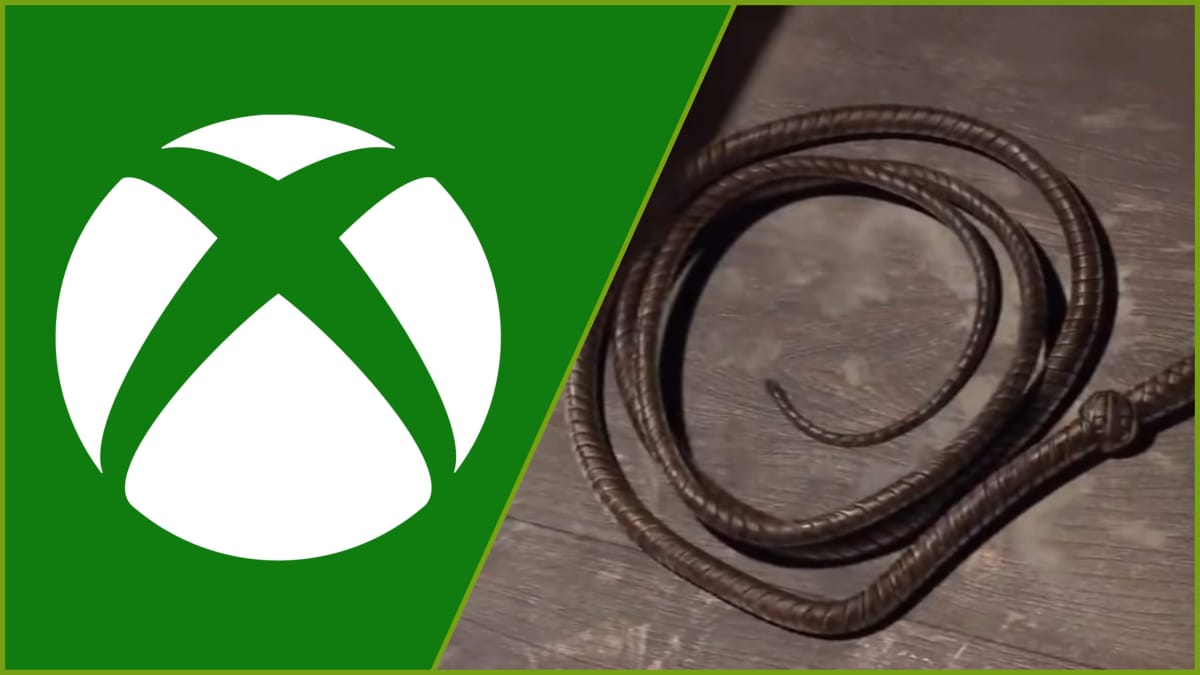 The Xbox logo next to a shot of Indiana Jones' whip from the upcoming MachineGames Indy title
