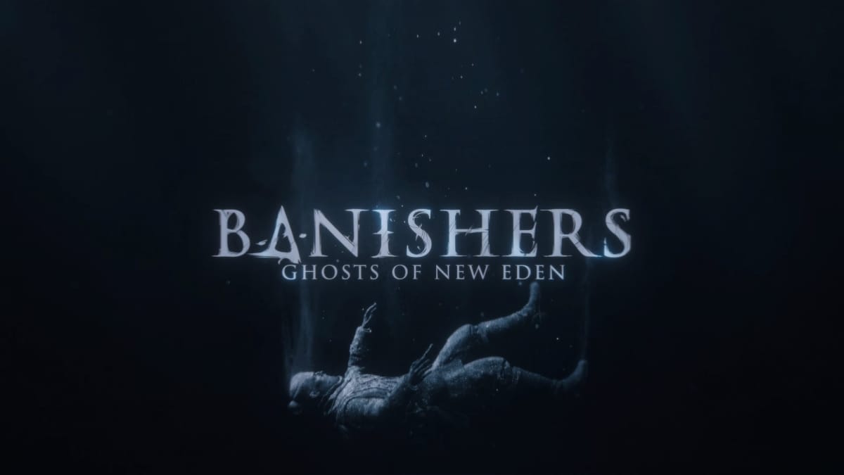 The title of Banishers: Ghosts of New Eden in cool blue letters in a dark background. Red can be seen below, sinking into a void.