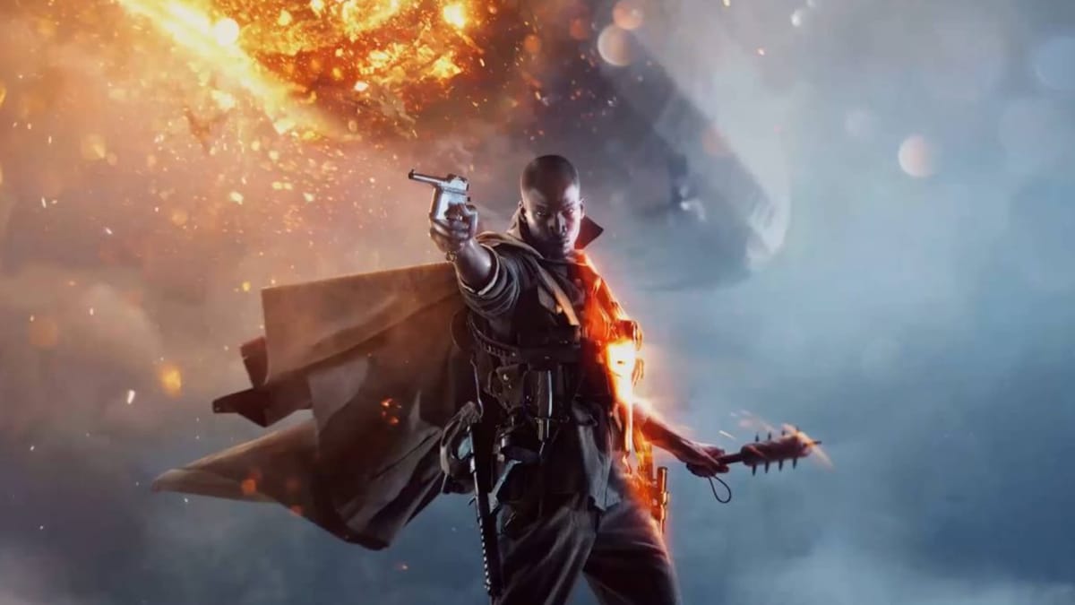 A character pointing a pistol at the screen in Battlefield 1
