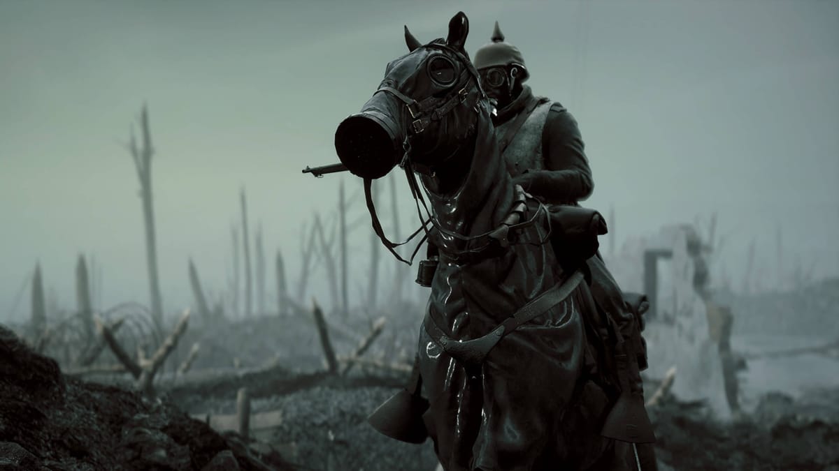 A soldier and a horse, both wearing gas masks, on a battlefield in Battlefield 1