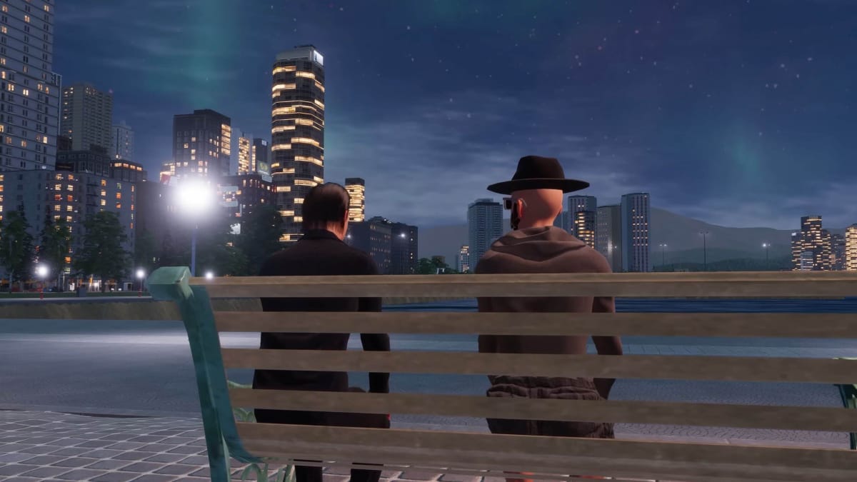 Two citizens on a bench overlooking a city in Cities: Skylines 2