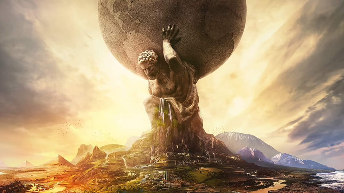 A statue holding up a globe in artwork for Sid Meier's Civilization VI