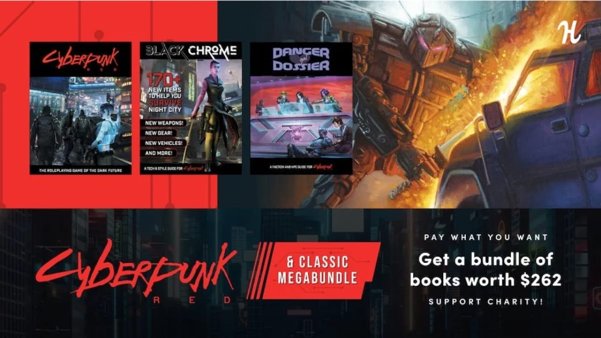 A promotional image of the Cyberpunk Red & Classic Megabundle, showing a gigantic robot towering over a car in a busy city street.