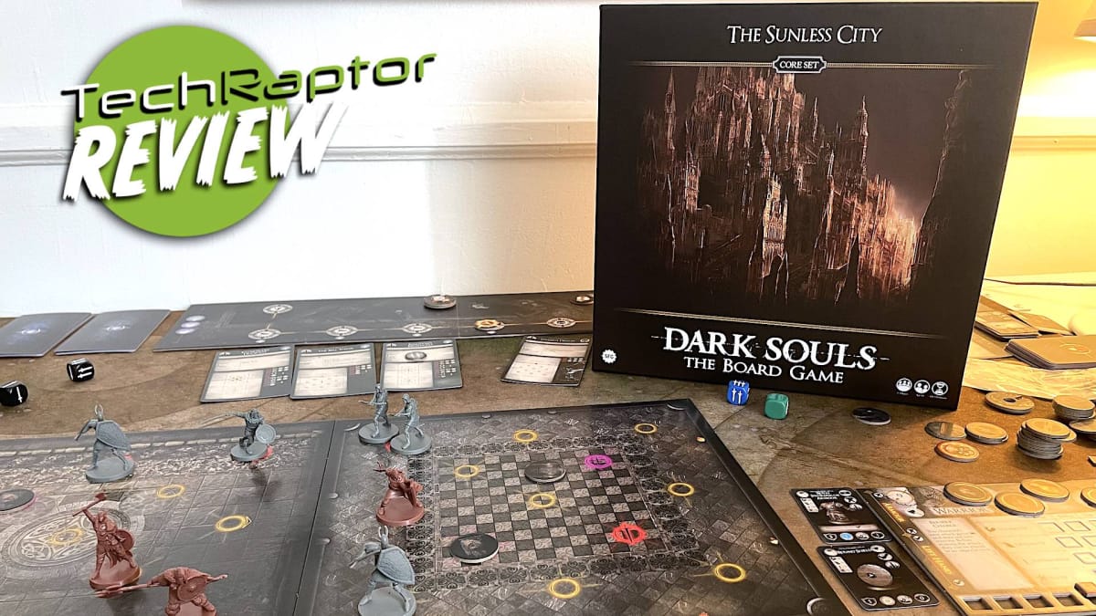 An image from our Dark Souls: The Board Game - The Sunless City Core Set review, featuring the box and the game laid out.