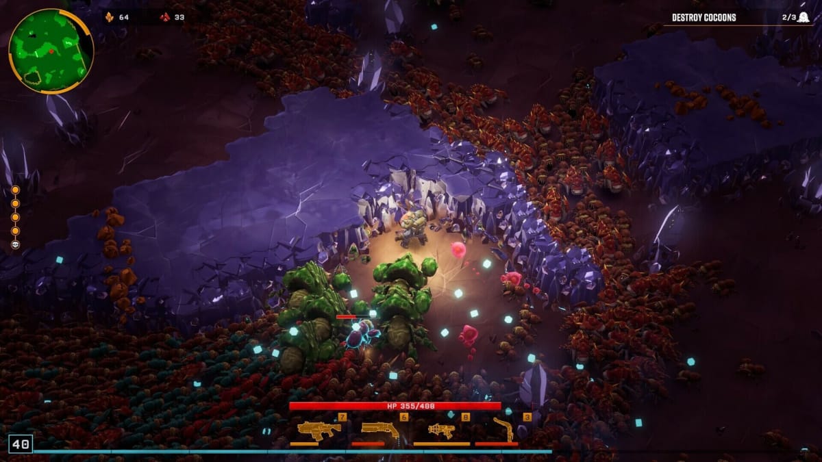 Image from the game deep rock galactic survivor where the survivor is surrounded by bugs