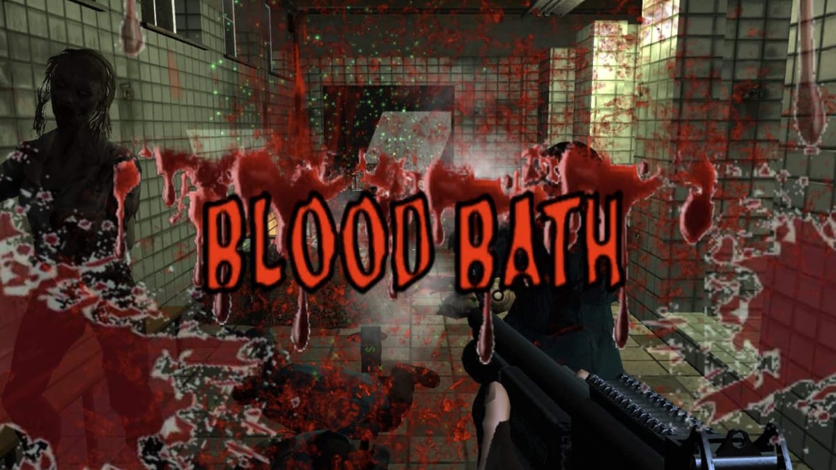 The player wielding a gun with the text "BLOODBATH" appearing over a screen covered in blood in the Digital Homicide game The Slaughtering Grounds