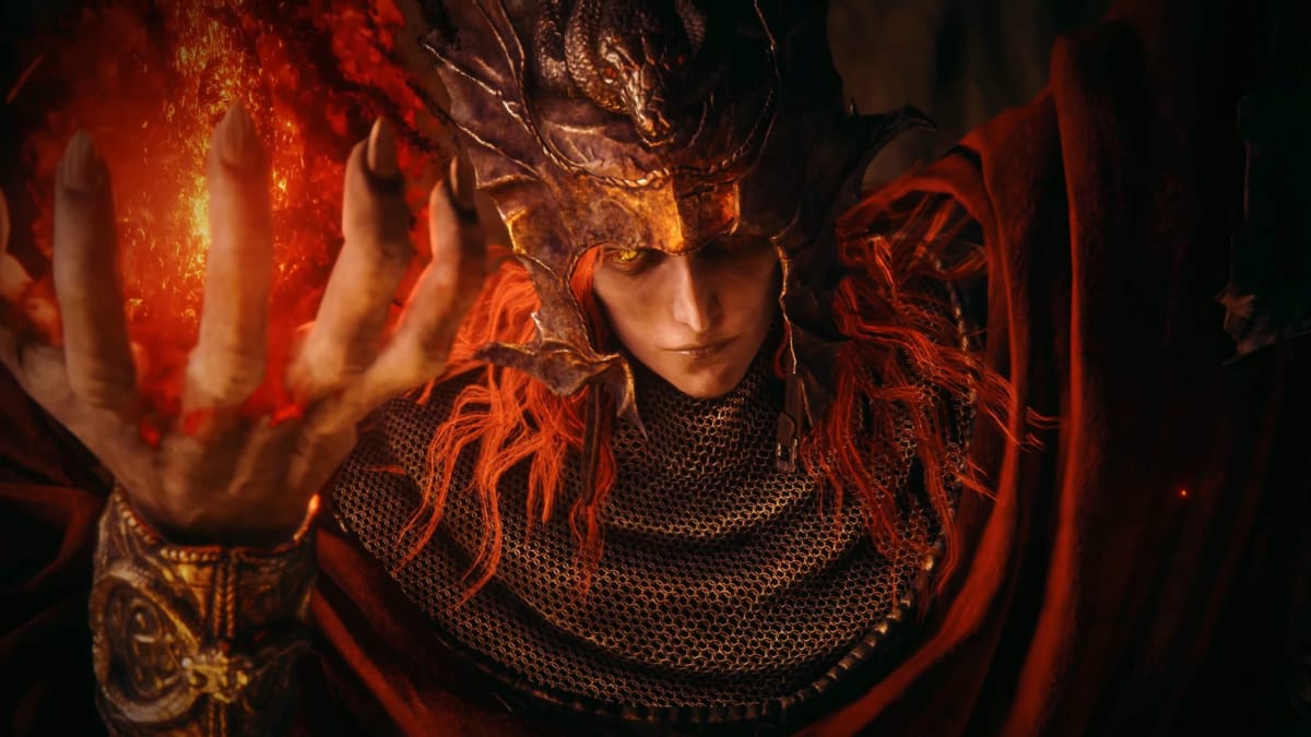 A red-haired character wearing a serpent-adorned helmet in the Elden Ring: Shadow of the Erdtree DLC release date trailer