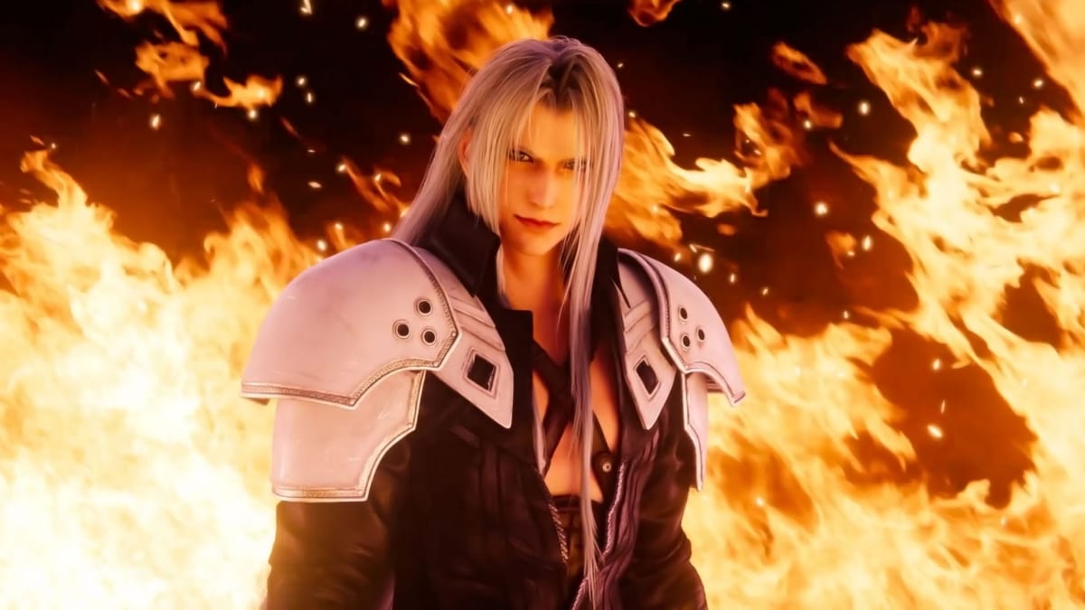 Sephiroth in the fire of Nibelheim ad from Final Fantasy VII Rebirth
