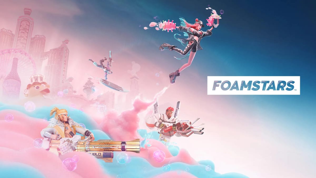 Official artwork for Foamstars, depicting several playable characters surfing a wave of colorful foam