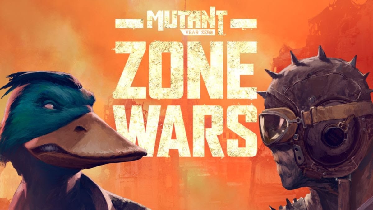 A promotional screenshot of Mutant Year Zero: Zone Wars, showing a duck man and a humanoid in a leather cap, standing in front of an orange sunset.