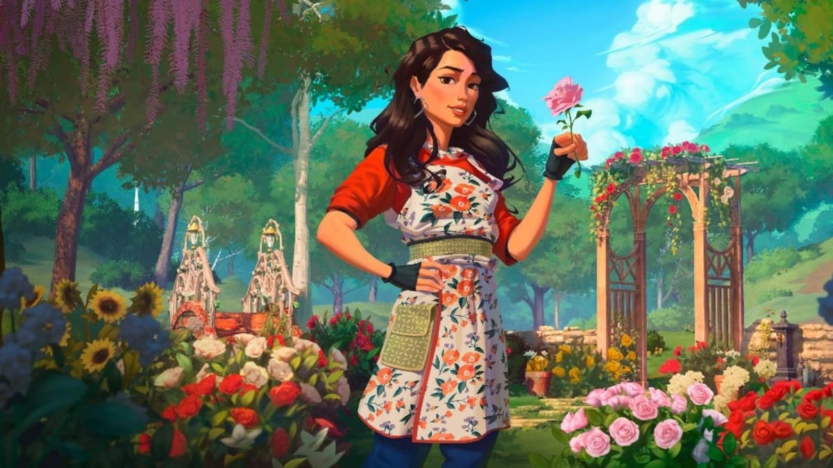 The photographer Jasmine against a verdant garden backdrop in the life sim Garden Life: A Cozy Simulator