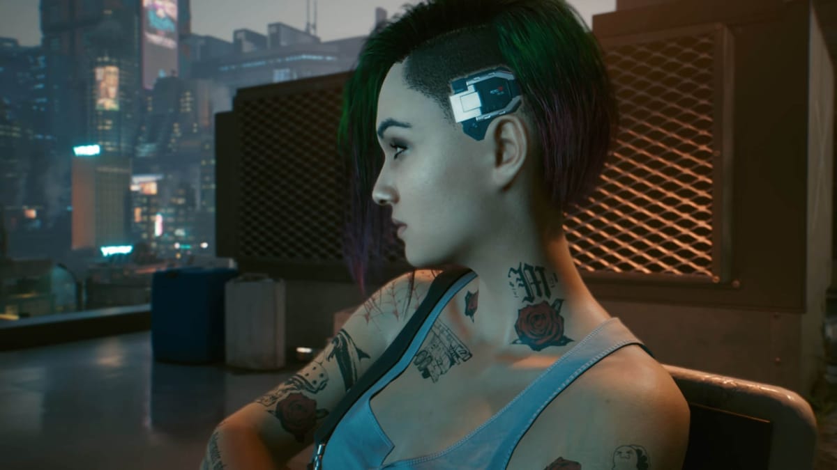 Judy Alvarez looking over the city in Cyberpunk 2077, a game that prominently features LGBTQ+ characters