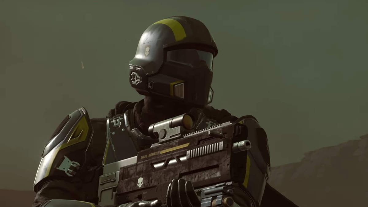 A soldier from Helldivers 2 in close-up