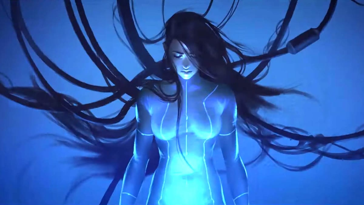 A woman suspended by wires in artwork for Homeworld 3 by Blackbird Interactive