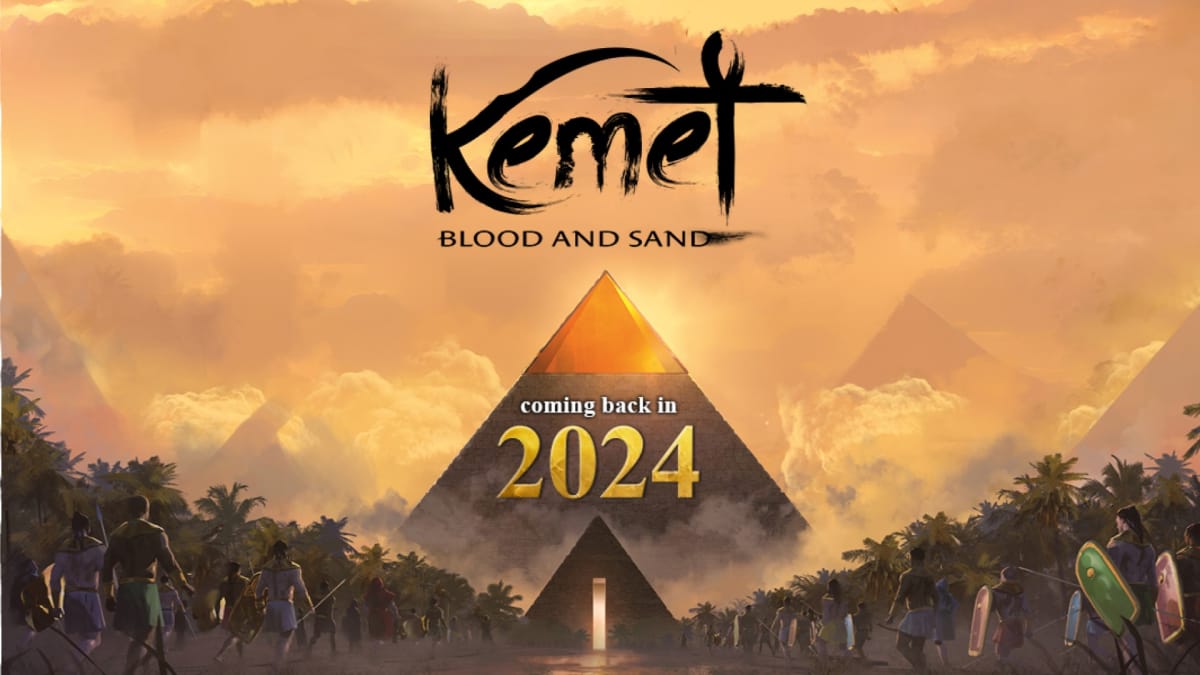 A teaser image for Kemet: Blood and Sand, showing a pyramid in a sunset with "2024" visible just below it.