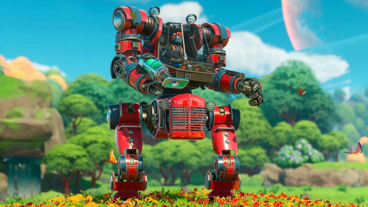 One of the mechs in Lightyear Frontier standing in a calm meadow surrounded by butterflies