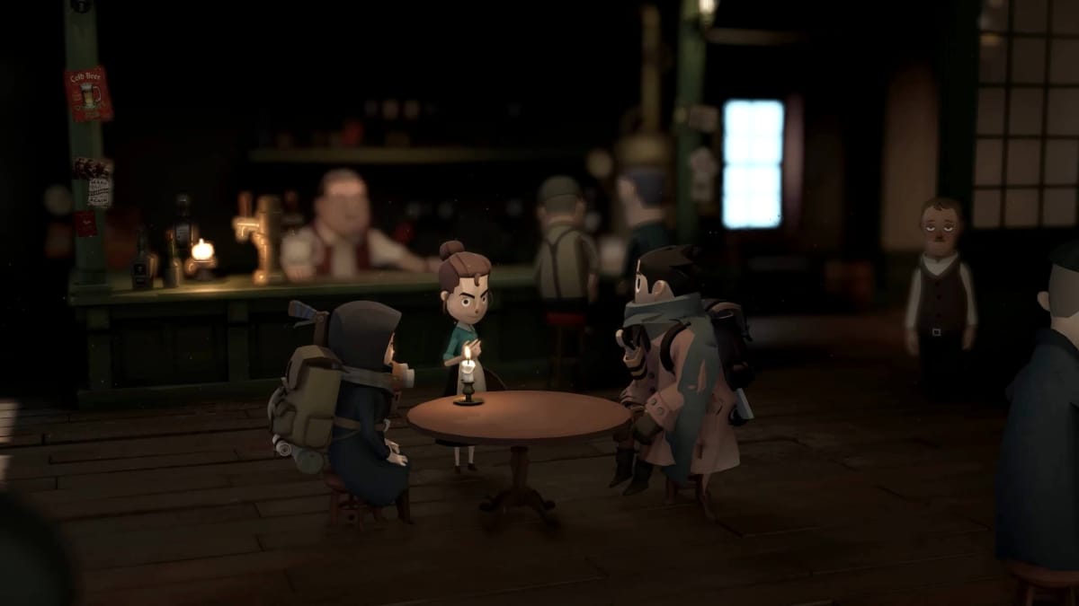 Characters gathered around a table in a pub in the RPG Little Devil Inside