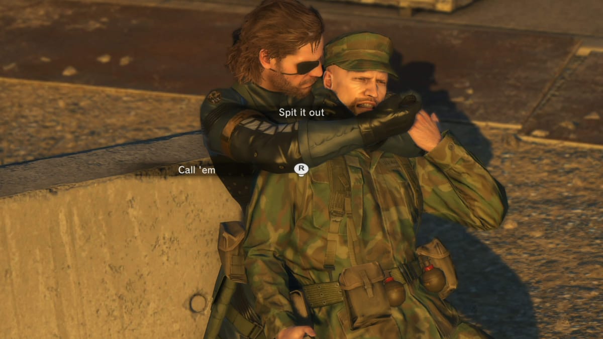 Snake choking a guard from behind in Metal Gear Solid V: Ground Zeroes