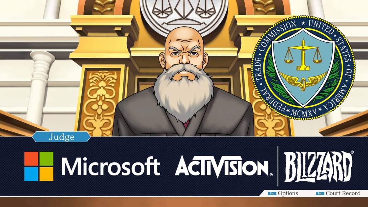The Judge in Ace Attorney with logos of FTC, Microsoft, Activision, and Blizzard