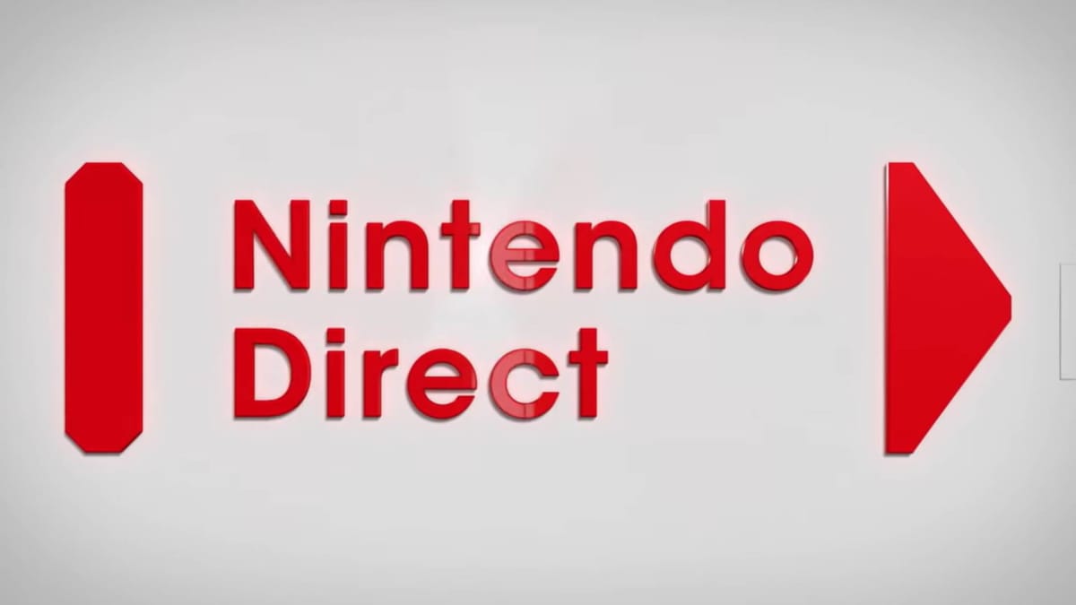 A simple graphic showing the Nintendo Direct logo against a grey background