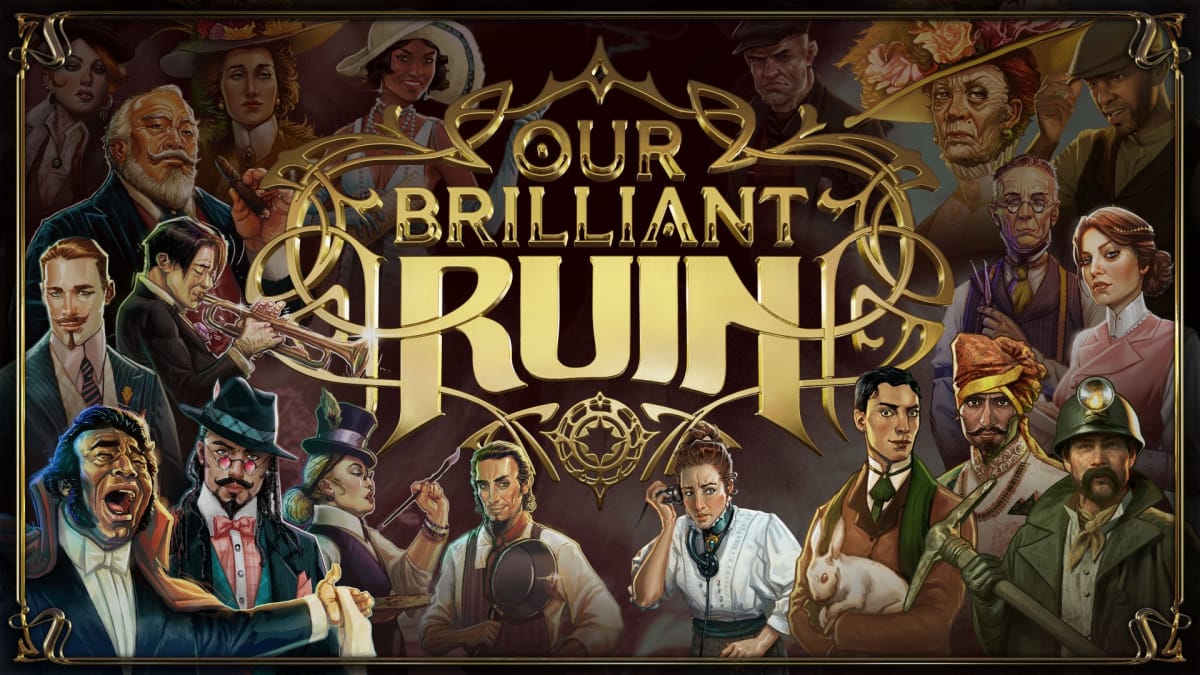 The logo for Our Brilliant Ruin surrounded by people in formal attire.