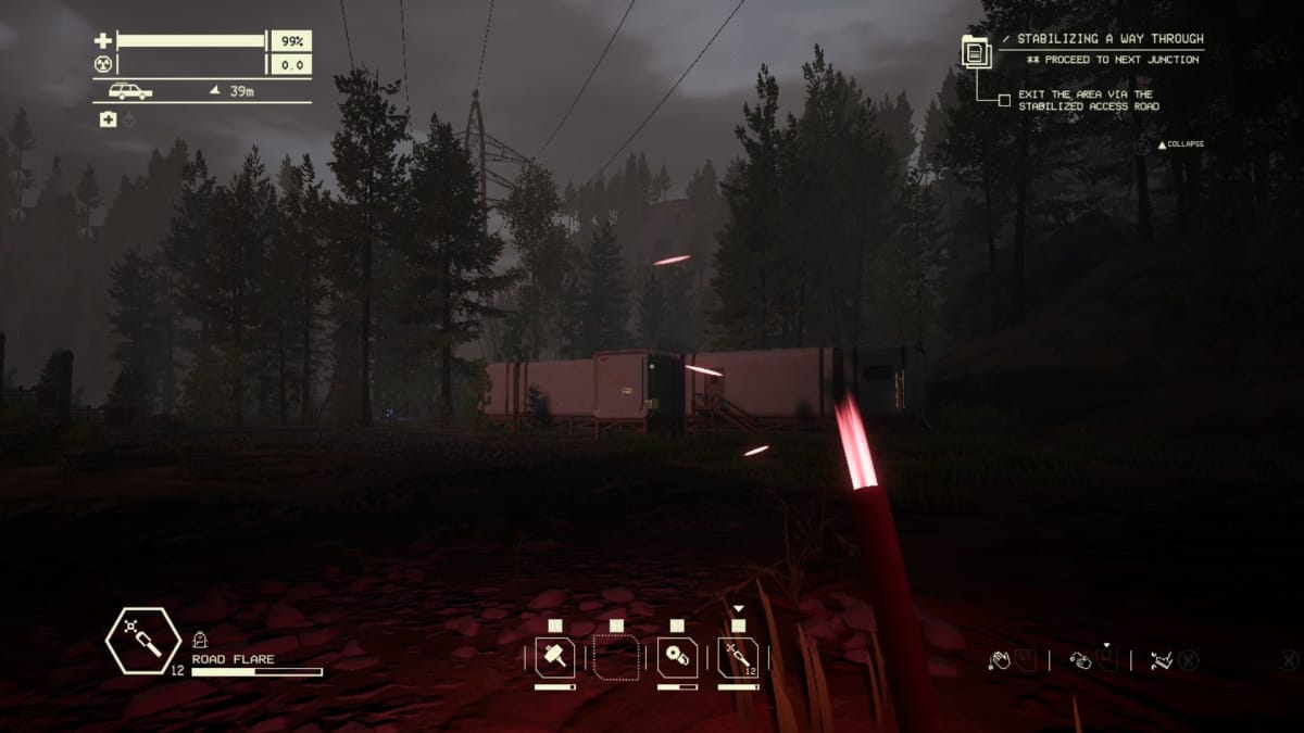 pacific drive screenshot showing a first person of someone looking at a trailer while holding a road flare
