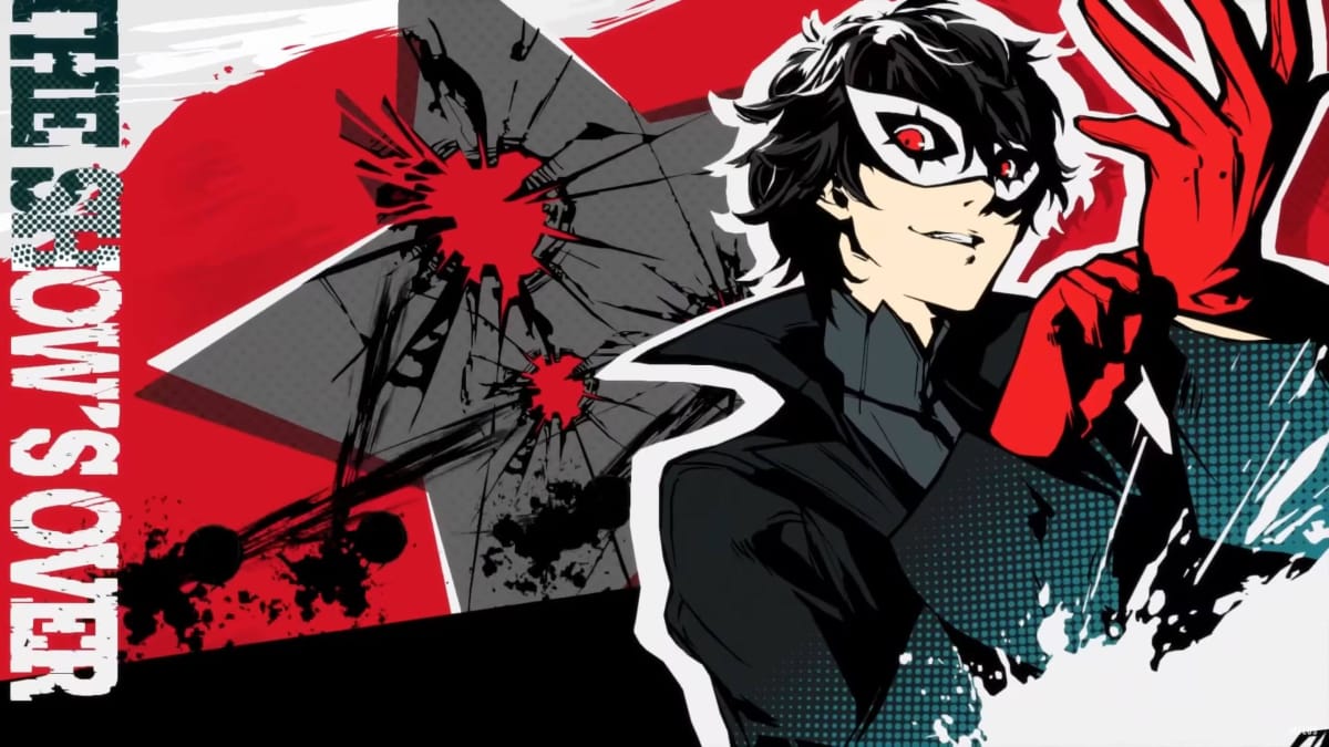 Joker adjusting his glove with the text "THE SHOW'S OVER" on the left-hand side in Persona 5