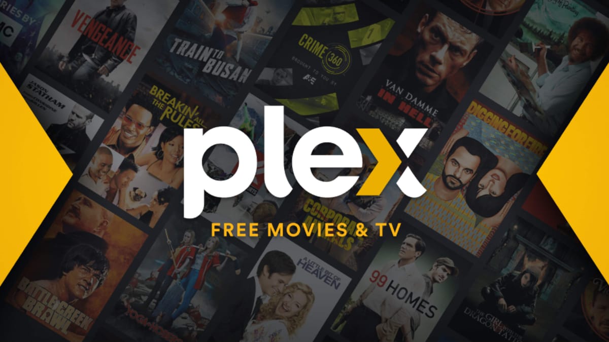 The Plex logo with a backdrop of movies that you could watch via the service
