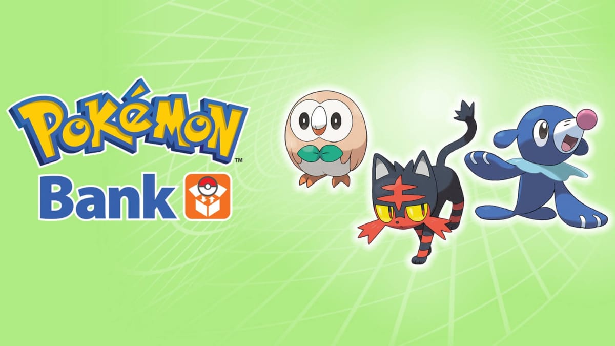 A green banner with the text "Pokemon Bank" and the three Pokemon Sun and Moon starters: Rowlet, Litten, and Popplio