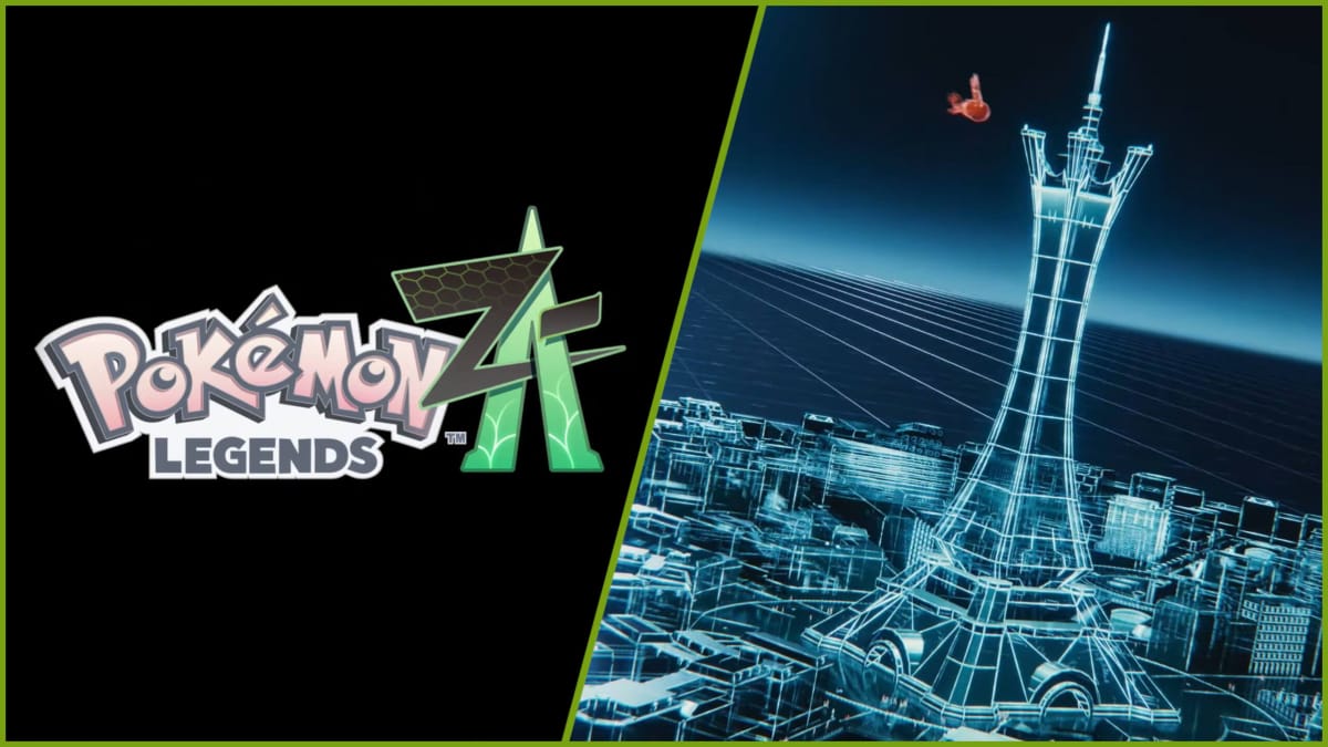 The Pokemon Legends: Z-A logo next to a shot of the wireframe version of Lumiose City from the trailer