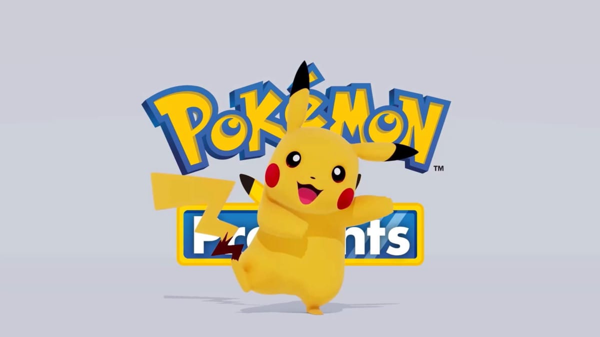 Pikachu looking happy in front of the Pokemon Presents logo