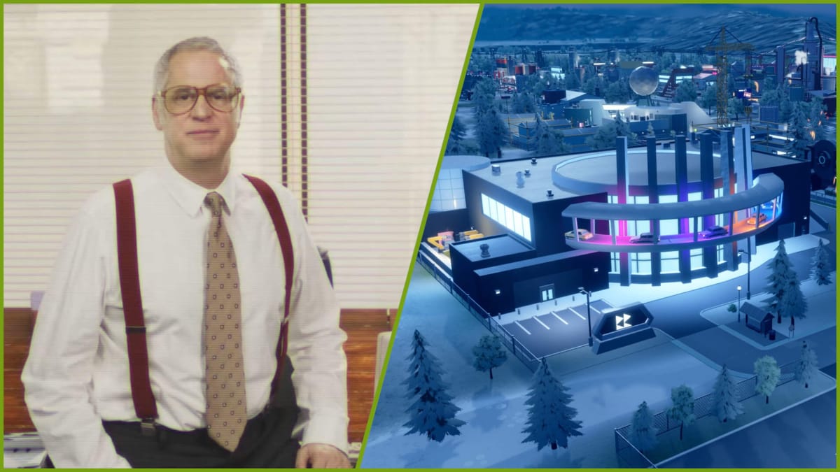A shot of the 80s infomercial-style business persona Frank Wilson next to an image of Rise of Industry 2 gameplay