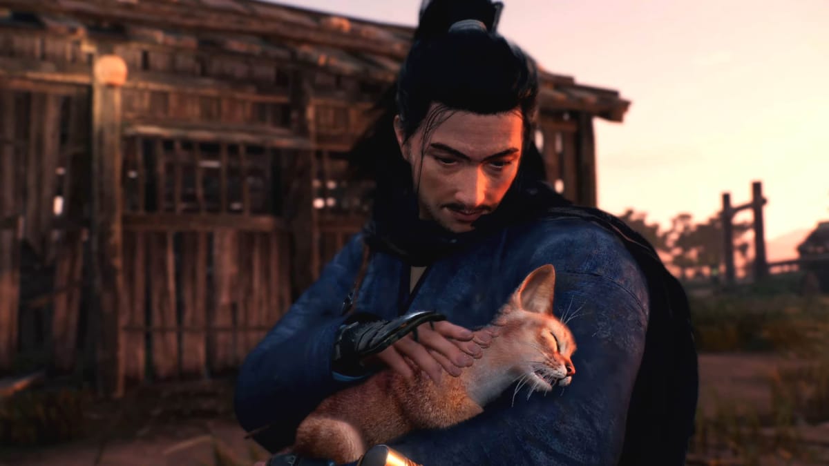 The player character cuddling a cat in Rise of the Ronin