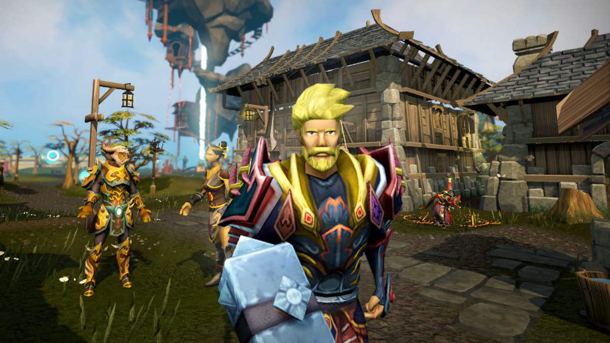 A blond character wielding a hammer in the midst of a town in the Jagex game RuneScape