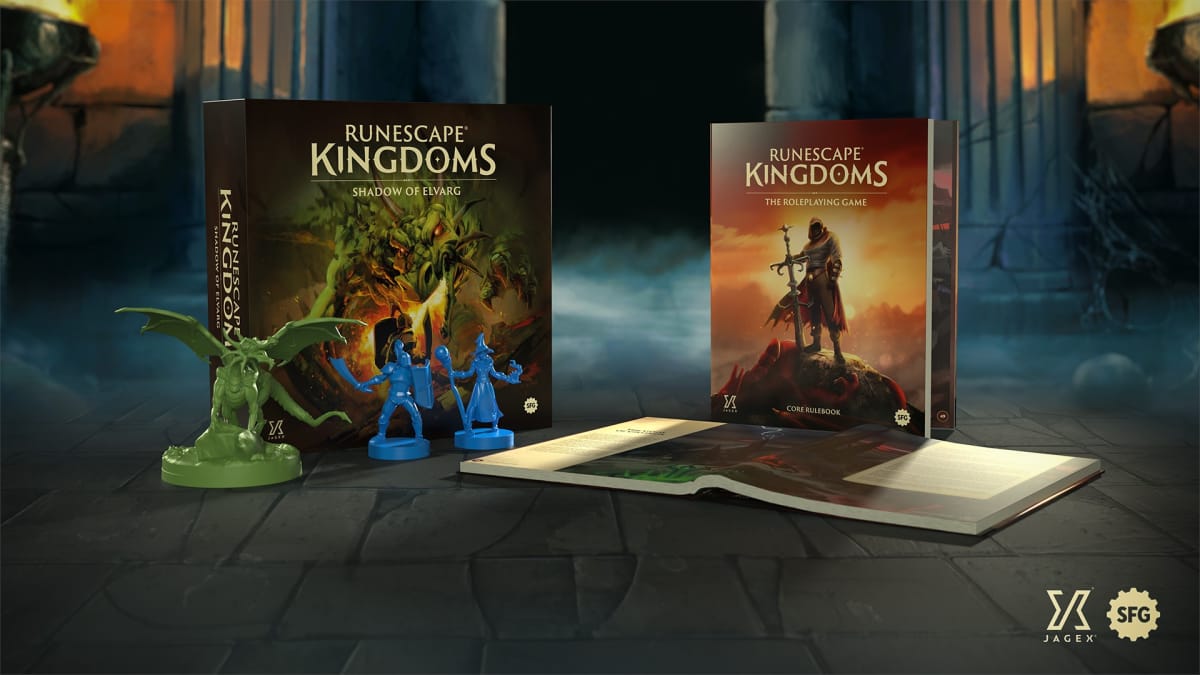 The box and core rulebook for the Runescape Kingdoms board games sitting upright in a dark fog-covered castle corridor.