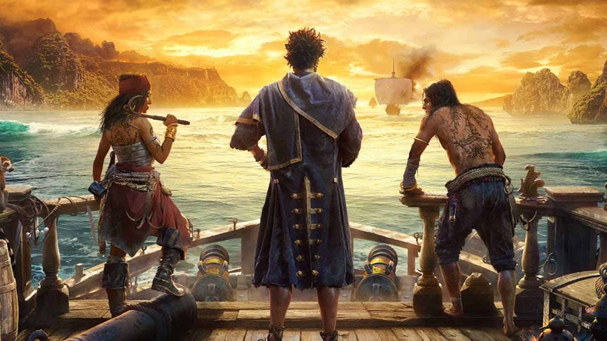 Three pirates can be seen on a ship overlooking the ocean.