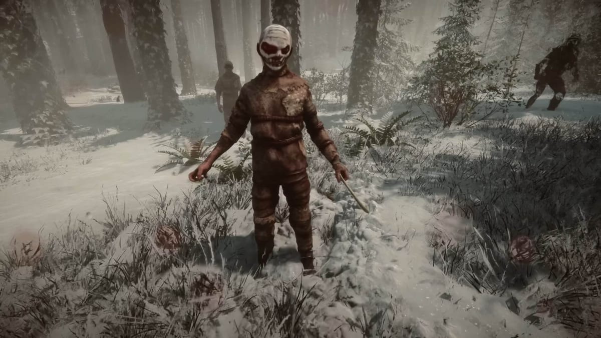 An enemy in Sons of the Forest standing stiffly in a snowy forest