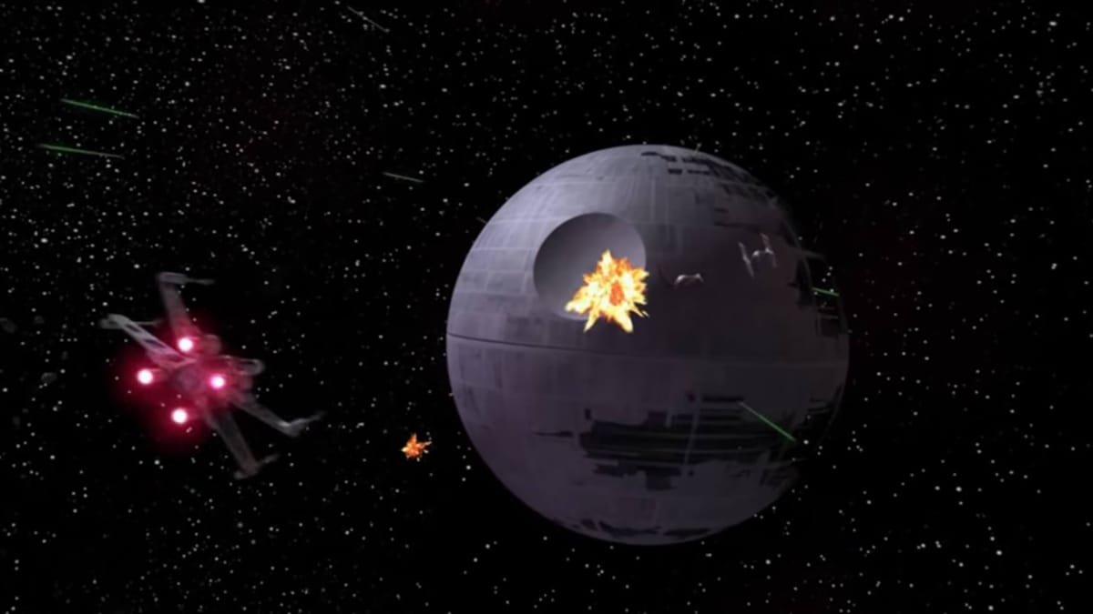 Ships battling with the Death Star in the background in Star Wars: Attack Squadrons
