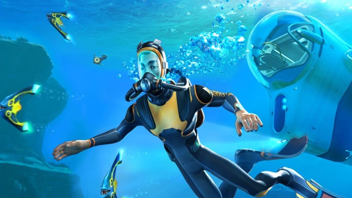 The main character floating underwater in artwork for Subnautica, representing the 2024 launch of Subnautica 2