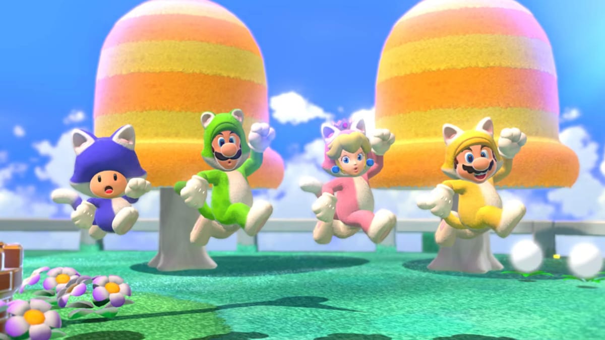 Toad, Luigi, Peach, and Mario leaping into the air in Super Mario 3D World, one of the focus games for the November 2013 Nintendo Direct