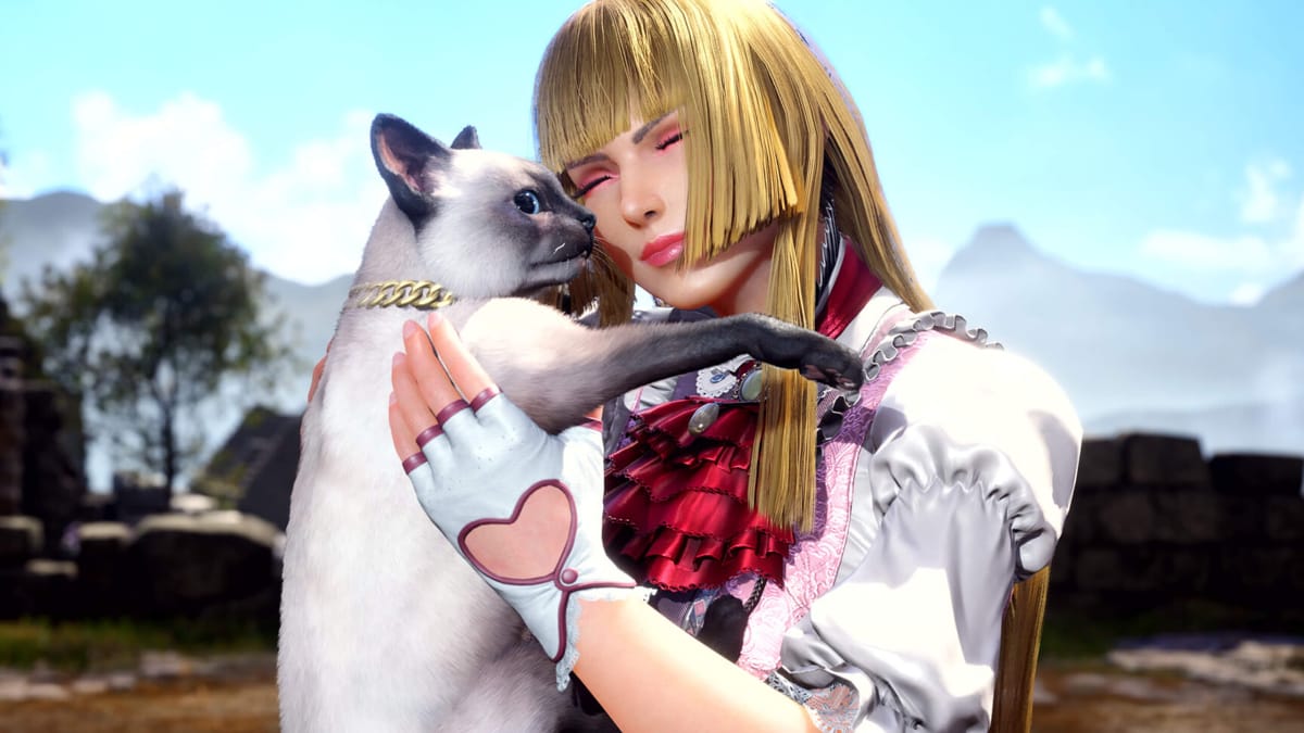 Lili cuddling a cat in Tekken 8