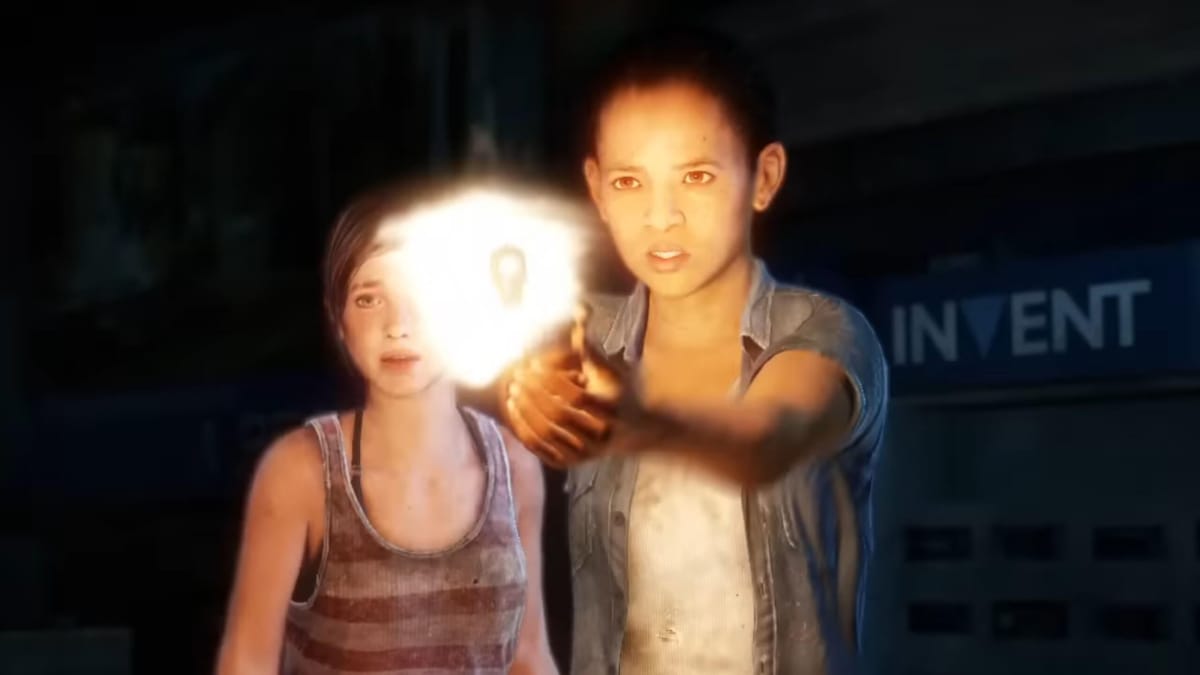 Riley firing a gun while Ellie looks on in The Last of Us: Left Behind