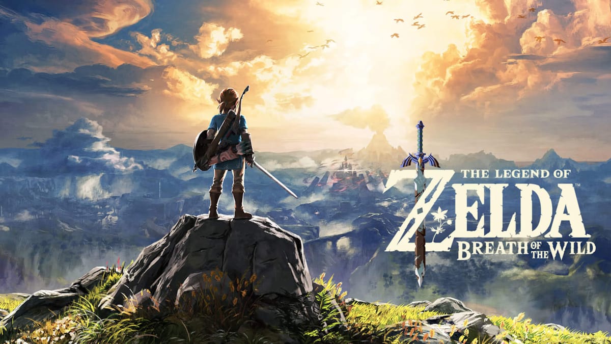 Link standing on a rock with the logo for The Legend of Zelda: Breath of the Wild next to him
