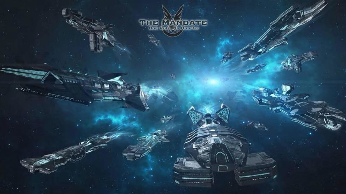 A fleet of ships flying in space in artwork for The Mandate